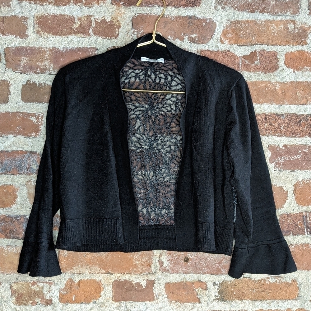 Calvin Klein Medium Black Open Front Cropped Cardigan w/ Sheer Panel Back‎
